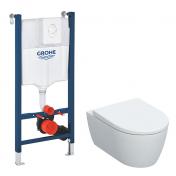 Geberit iCon rimless mat hvid v�gh�ngt toilet inkl. s�de m/SoftClose, Grohe cisterne og betjening i hvid