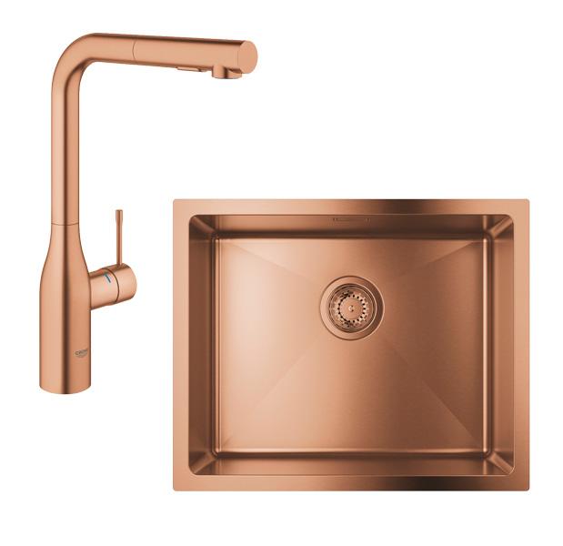 Grohe K700U rustfri stålvask inkl. Grohe Essence New køkkenarmatur m/udtræk - Børstet warm sunset