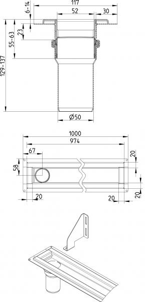 Blucher Waterline 1000 mm afløb m/Vienna Line rist - Børstet messing