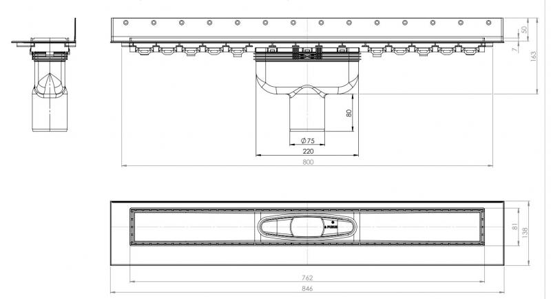 Purus Line RIB afløbspakke 800 mm - lodret - Børstet kobber