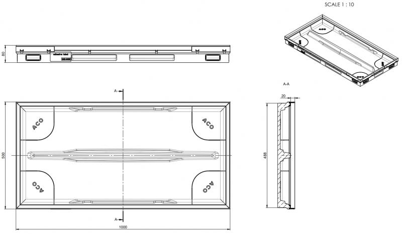 ACO Vario 2.0 Hybrid 1000 x 500 x 80 mm afløbsramme t/rist/måtte