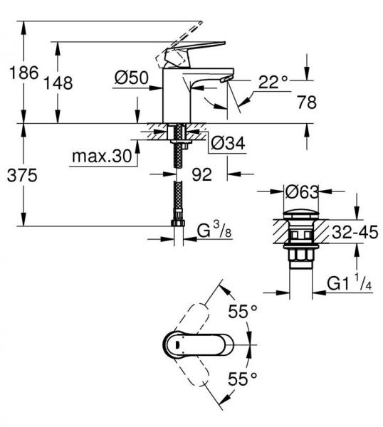 Grohe Get S håndvaskarmatur m/push-open bundventil - Mat sort