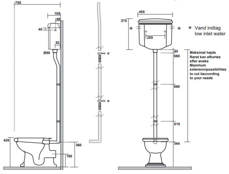 Retro HIGH toilet med messing rør og P-lås - Blank Sort