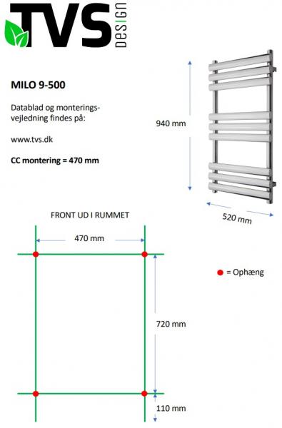 TVS Milo 9 håndklædetørrer - 52x94 cm - Hvid