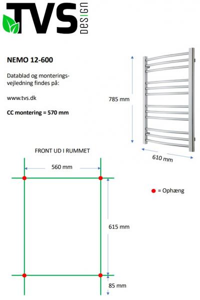 TVS Nemo 12 håndklædetørrer - 61x78,5 cm - Sort