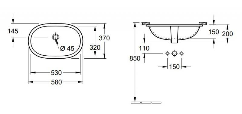 Outlet - V&B O.novo 53 håndvask t/underlimning - Med overløb