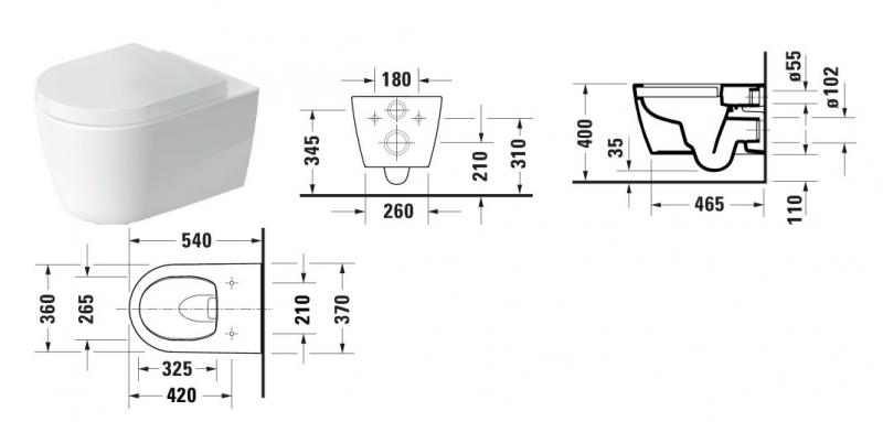 Duravit ME by Starck 54 rimless væghængt toilet m/HygieneFlush og HygieneGlaze