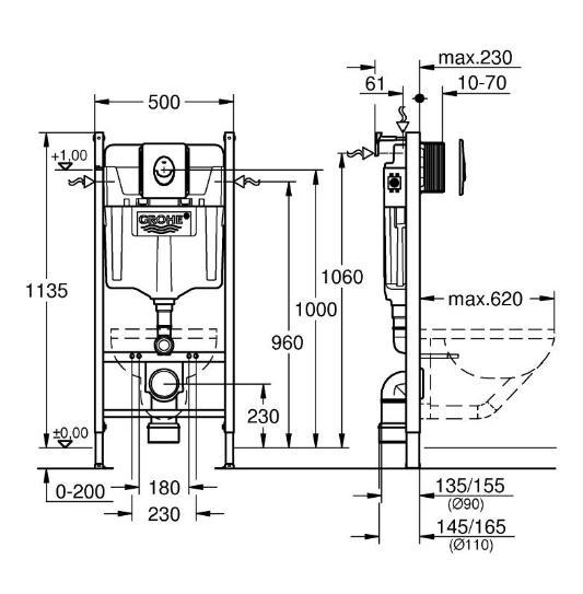 Grohe Rapid SL indbygningscisterne 113 cm inkl. Skate Air betjeningsplade