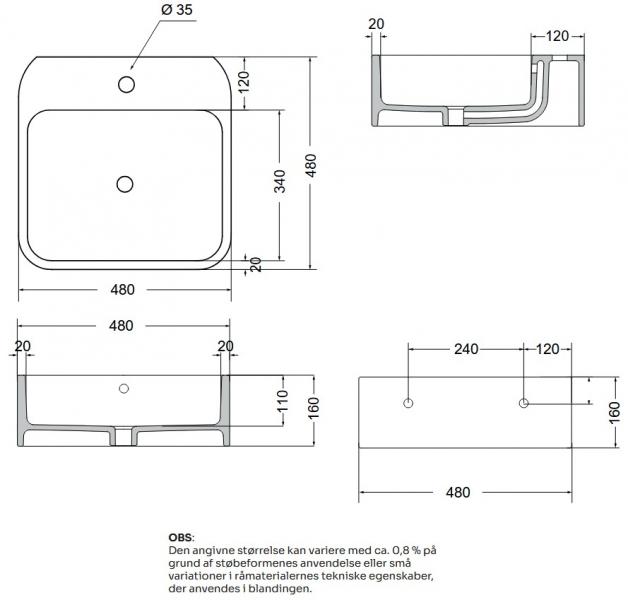 Lavabo Cosa 48 h&aring;ndvask t/v&aelig;g eller bord - 1 hanehul