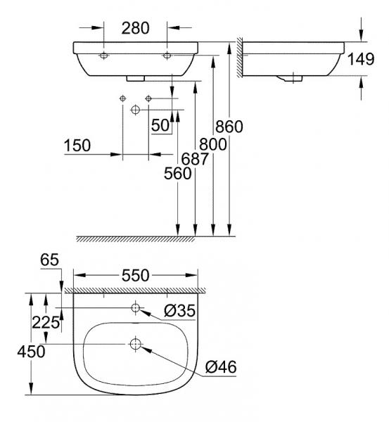 Grohe Euro 55 håndvask t/væg - 1 hanehul