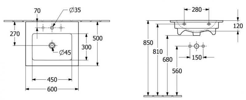 V&B Venticello 60 håndvask t/væg - 1/3 hanehuller