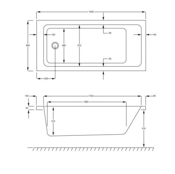 Strømberg Quantum badekar t/indbygning 150 x 70 - 1 ryglæn