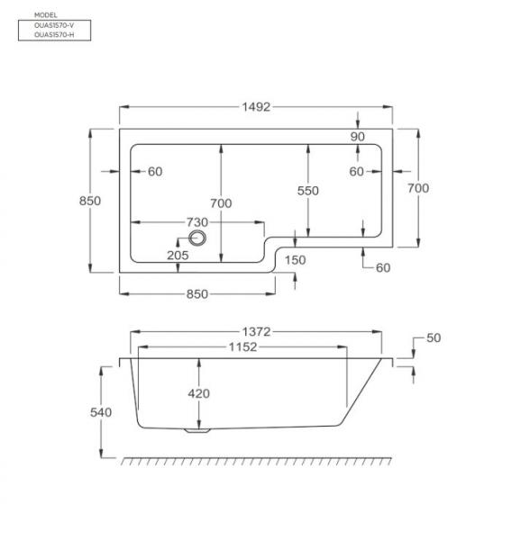 Strømberg Quantum badekar t/brus - 150 x 70/85 - Højre - 1 ryglæn