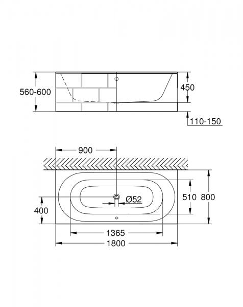 Grohe Essence badekar t/indbygning - 180 x 80 - 2 ryglæn