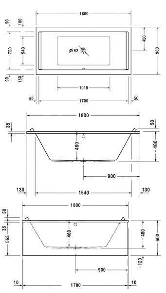 Duravit Starck badekar t/indbygning - 180 x 90 - 2 ryglæn