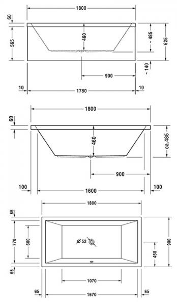 Duravit Starck badekar t/indbygning - 180 x 90 - 2 ryglæn