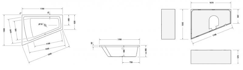 Duravit Paiova badekar t/indbygning - 170 x 130 - Venstre - 1 ryglæn