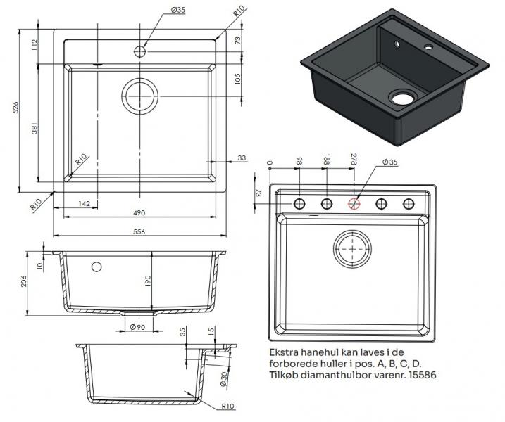 Lavabo Jupiter 60 kompositvask - Antracit-sort/sort