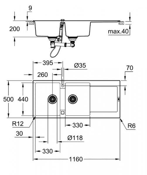 Grohe K500 80-C dobbelt køkkenvask m/afløbsbakke - Sort granit