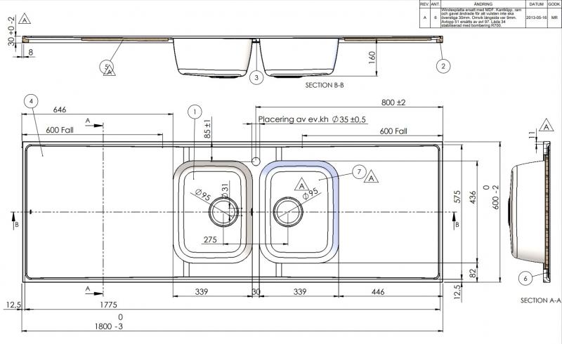 Intra AH18-KV stålbordplade køkkenvask - Vendbar - Dobbelt - 180 cm