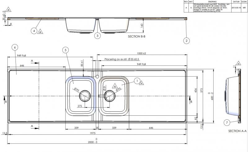 Intra AH20C-KV stålbordplade køkkenvask - Centreret - Dobbelt - 200 cm