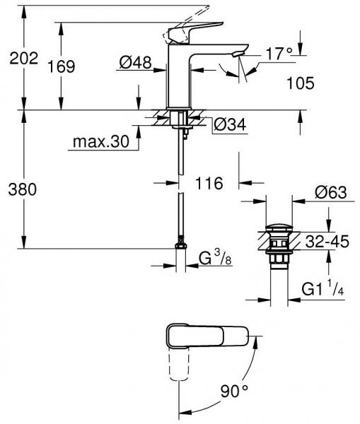 Grohe Cubeo M håndvaskarmatur m/koldstart og push-open bundventil - Krom Grohe Cubeo M håndvaskarmatur m/koldstart og push-open bundventil - Krom