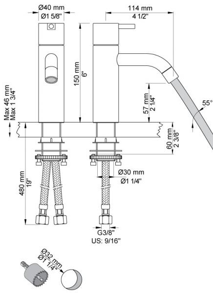 Vola HV1+30 håndvaskbatteri u/bundventil - Krom