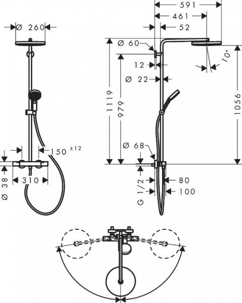 hansgrohe Pulsify S Puro 260 Showerpipe 1jet m/EcoSmart, EcoStat Fine og 3jet håndbruser - Krom