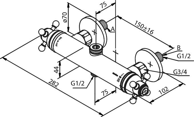 Damixa Tradition termostatarmatur med 3/4" afgang op og ½" afgang ned