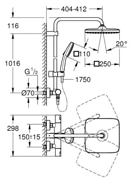 Grohe Vitalio Comfort 250 komplet brusesystem m/SmartSwitch - Firkantet - Mat sort