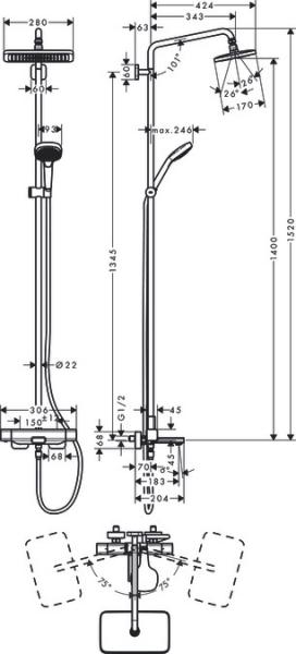 Hansgrohe Croma E 280 1jet komplet brusesystem m/kartermostat - Krom