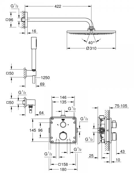 Grohe NEW Rainshower 310 komplet brusesystem til indbygning - Firkantet forplade