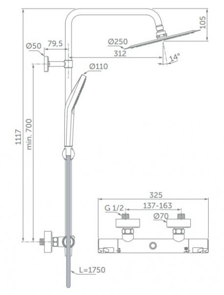 Ideal Standard T50 Idealrain komplet brusesystem Ø250 - Krom