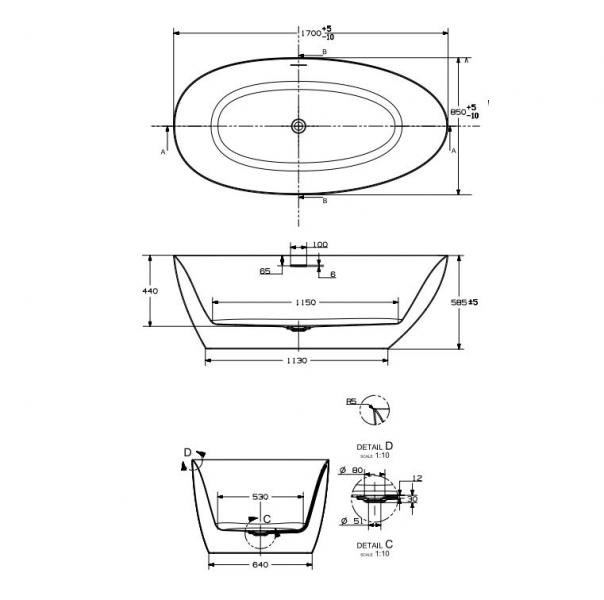 Strømberg Fermo oval fritstående badekar 1700x850 mm - Mat hvid