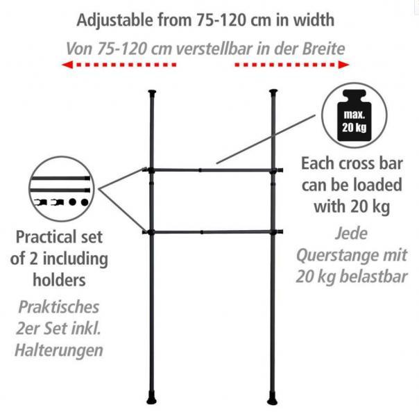 Outlet - Wenko Hercules bøjlestang til garderobe - Sort - 2 stk