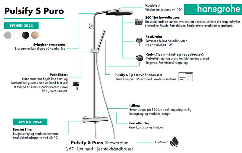 hansgrohe Pulsify S Puro 260 Showerpipe 1jet m/EcoSmart og Ecostat Fine - Krom