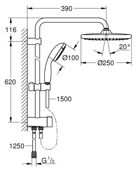 Grohe komplet brusesystem m/rund hovedbruser - Krom