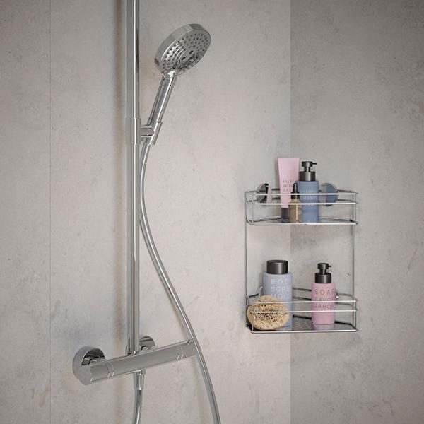 Beslagsboden dobbelt brusekurv til hj&oslash;rne, selvkl&aelig;bende - Krom