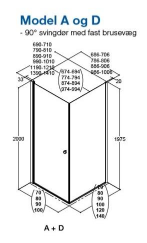 Dansani Match A+D 70x90 brusehjørne - Klar glas/mat sort